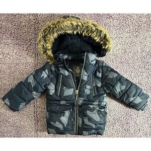 Boys Puffer Jacket Size 2T Hooded Faux Fur Trim Winter Coat Blue Gray Camo